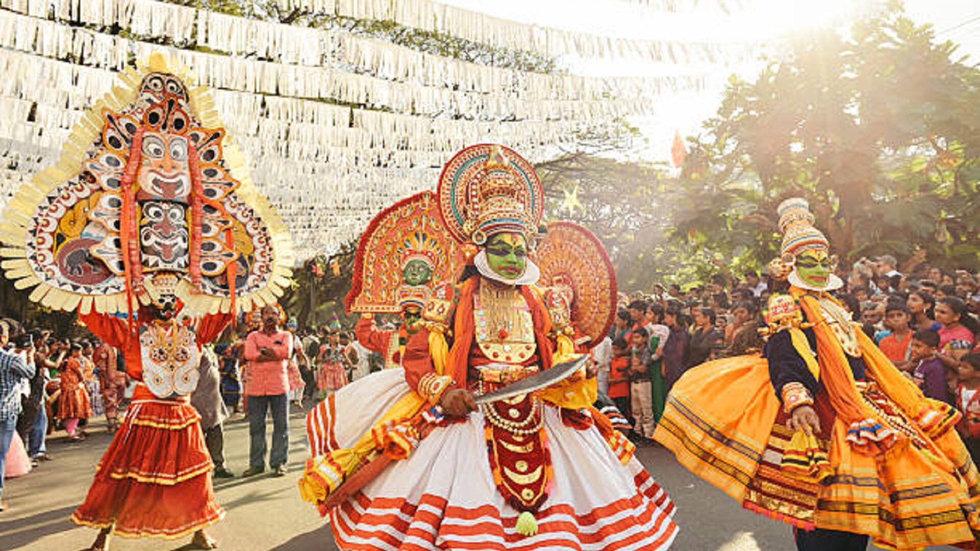 Kochi, India - January 1, 2016:  Traditional Kathakali dance on New Year carnival in Fort Kochi (Cochin), Kerala, India. Kochi, formerly known as Cochin, is a city and port in the Indian state of Kerala. One of the famous events here is Cochin New Year Carnival, since 1984 at Fort Kochi. It is celebrated at Fort Kochi every year during the last ten days of December. There are massive procession of caparisoned elephants, games and partying.