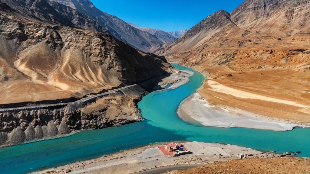 2 rivers merging in the himalayas River